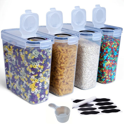 Food Storage Container Four-Pack with 4L Clear Pantry Canisters, Pour-Spout Lids, Labels and Marker