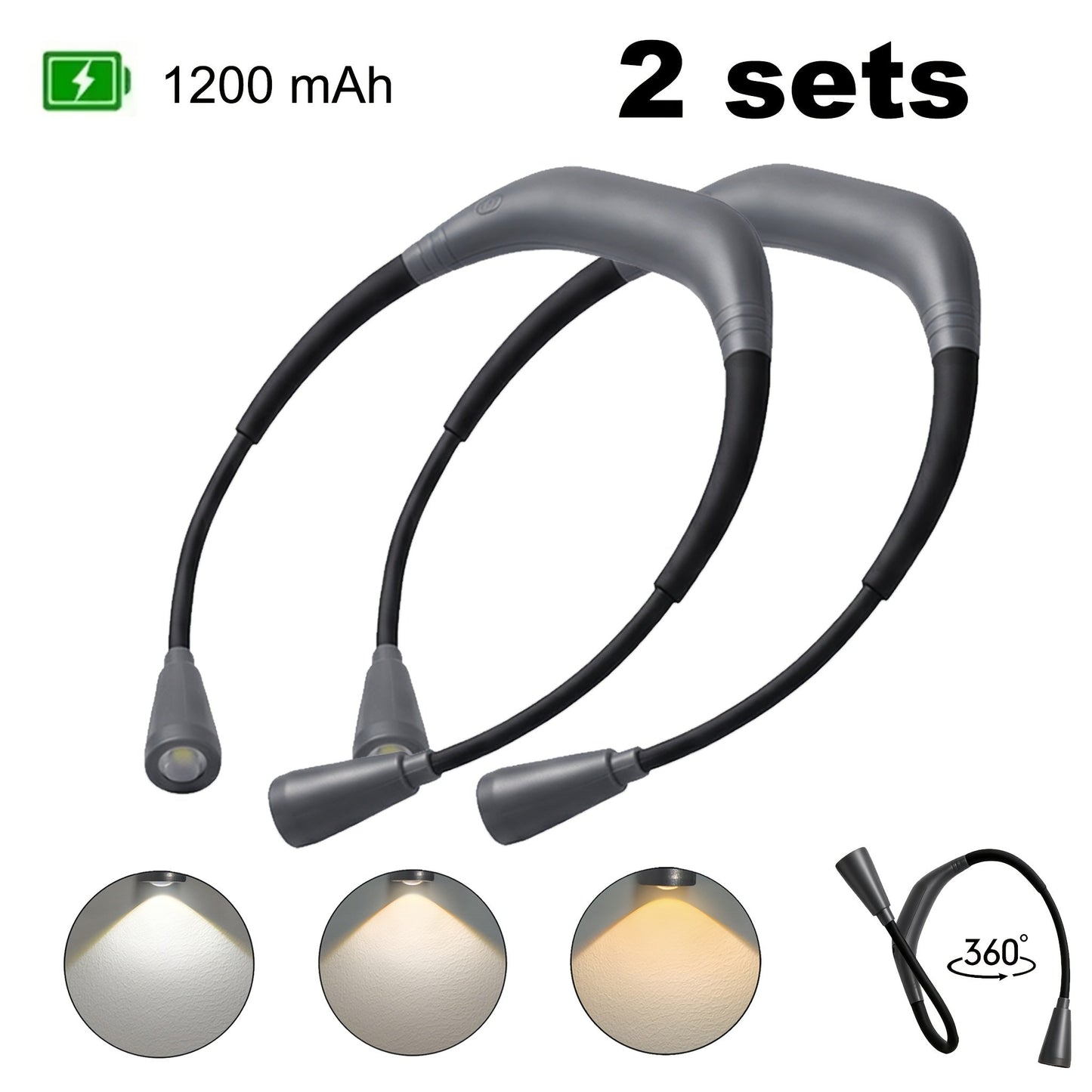 LED Neck Reading Light USB Rechargeable, 3 Color Modes Adjustable Brightness Hands-Free Book Light for Reading in Bed
