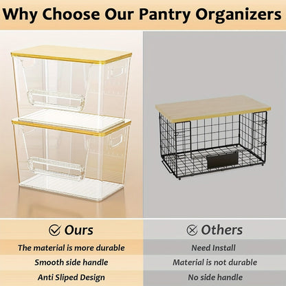 Two-Pack Clear Stackable Pantry Storage Bins with Bamboo Tops, Front Openings and Side Handles