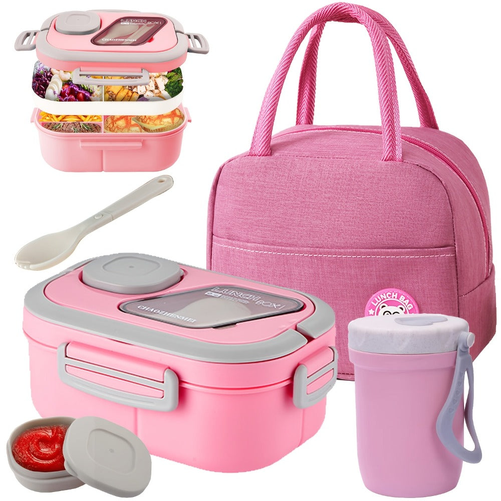 2-Layer Bento Lunch Box Set with Cup and Meal Bag - Multi-Grid Lunch Box for School, Office & Outdoor Picnics