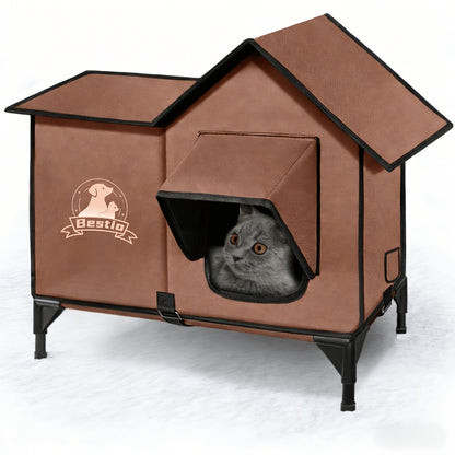 Heated Cat House 3-in-1 with Removable Warming Pad, Elevated Cat Bed for Indoor & Outdoor Cats, Chew-Resistant Cord, Double Door Cat Cave