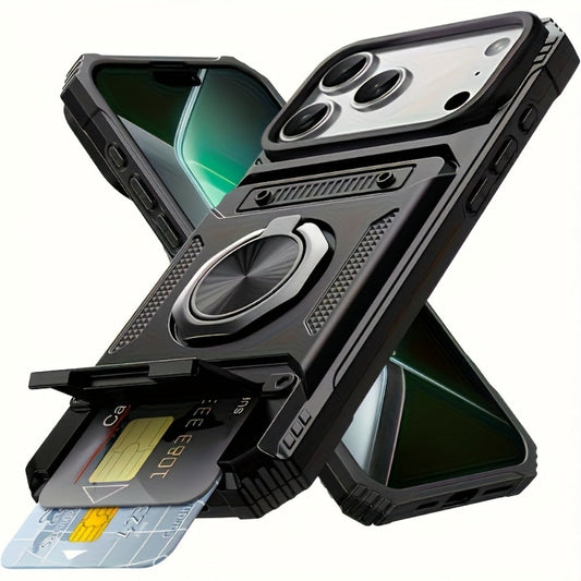 iPhone Card Slot Shockproof Case with Ring Holder & Kickstand – Wallet Phone Cover for iPhone 17 17 Air 17 Pro Max 16 15 14 13 12 11 Pro Max