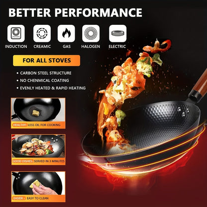 Carbon Steel Wok Set with Lid and 14-Piece Accessory Kit, 12.6 Inch Stir-Fry Pan with Spatula, Brush, Ring and Utensils