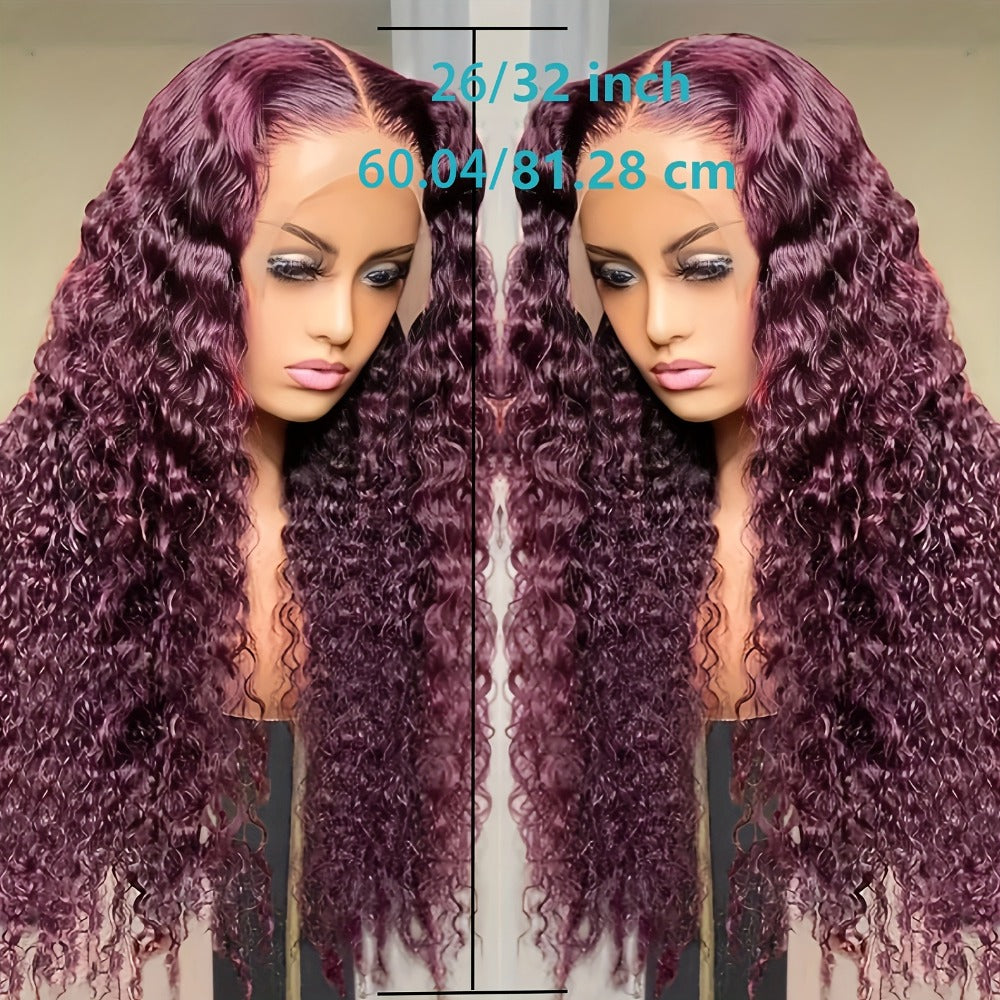 Lace Front Wig 99J Burgundy Deep Wave, 32-Inch Style with 200% Density, 13x4 Front and Four-Comb Cap