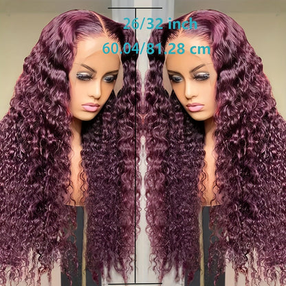 Lace Front Wig 99J Burgundy Deep Wave, 32-Inch Style with 200% Density, 13x4 Front and Four-Comb Cap