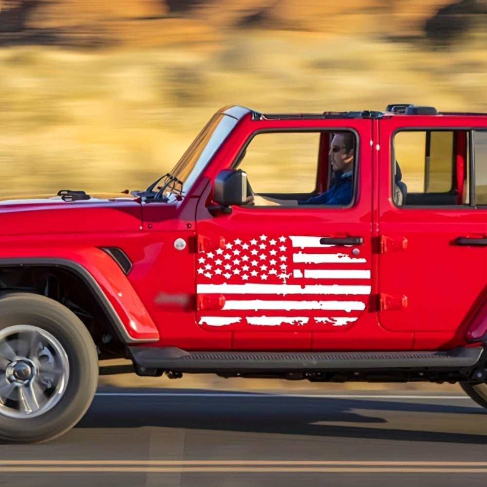 Distressed American Flag Hood Vinyl Decal, 35.4 × 19.7 Inches in Black or Transparent-Base Black