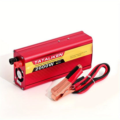 Red 2000W-Labeled Car Power Inverter with 12V Battery Clamp Leads, 110V AC Outlets and Cooling Fan