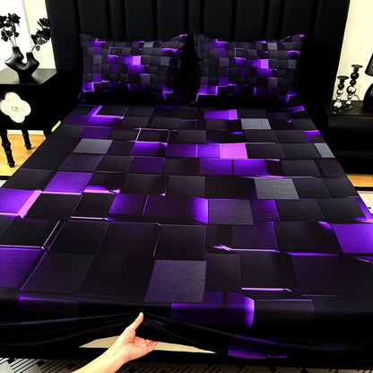 Fitted Sheet Set 3 Piece Digital Print Plaid – Deep Pocket 15 Inch Bed Sheet with 2 Pillowcases, 85% Polyester Soft Breathable Bedding Set