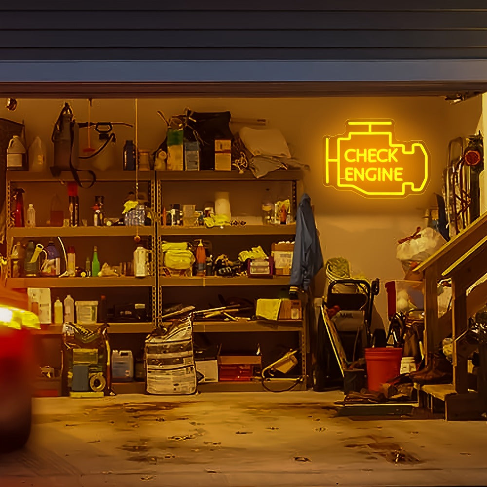 Check Engine Neon Sign – LED Dimmable USB Powered Neon Light for Garage Wall Decor, Car Repair Shop, Workshop, Man Cave, Game Room