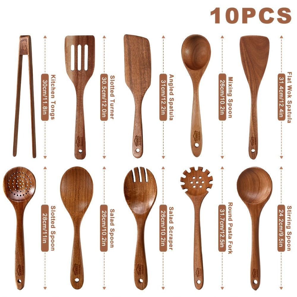 Kitchen Utensils 10-Piece Teak Wood Spoon and Spatula Set with Thickened, Basic and Shovel Configurations