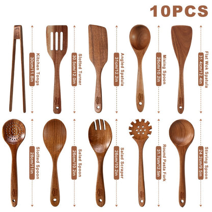 Kitchen Utensils 10-Piece Teak Wood Spoon and Spatula Set with Thickened, Basic and Shovel Configurations