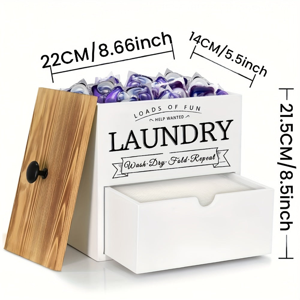Dryer Sheet Holder with Drawer & Lid, Farmhouse Wood Laundry Pod Dispenser, Wall Mount or Countertop Organizer for Laundry Room Storage