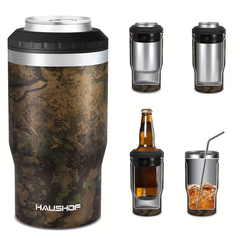 Can Cooler Insulated Stainless Steel 4-in-1 for 12 oz Standard Slim Can & Beer Bottle – Double Wall Sweat-Proof Beer Koozie for Camping