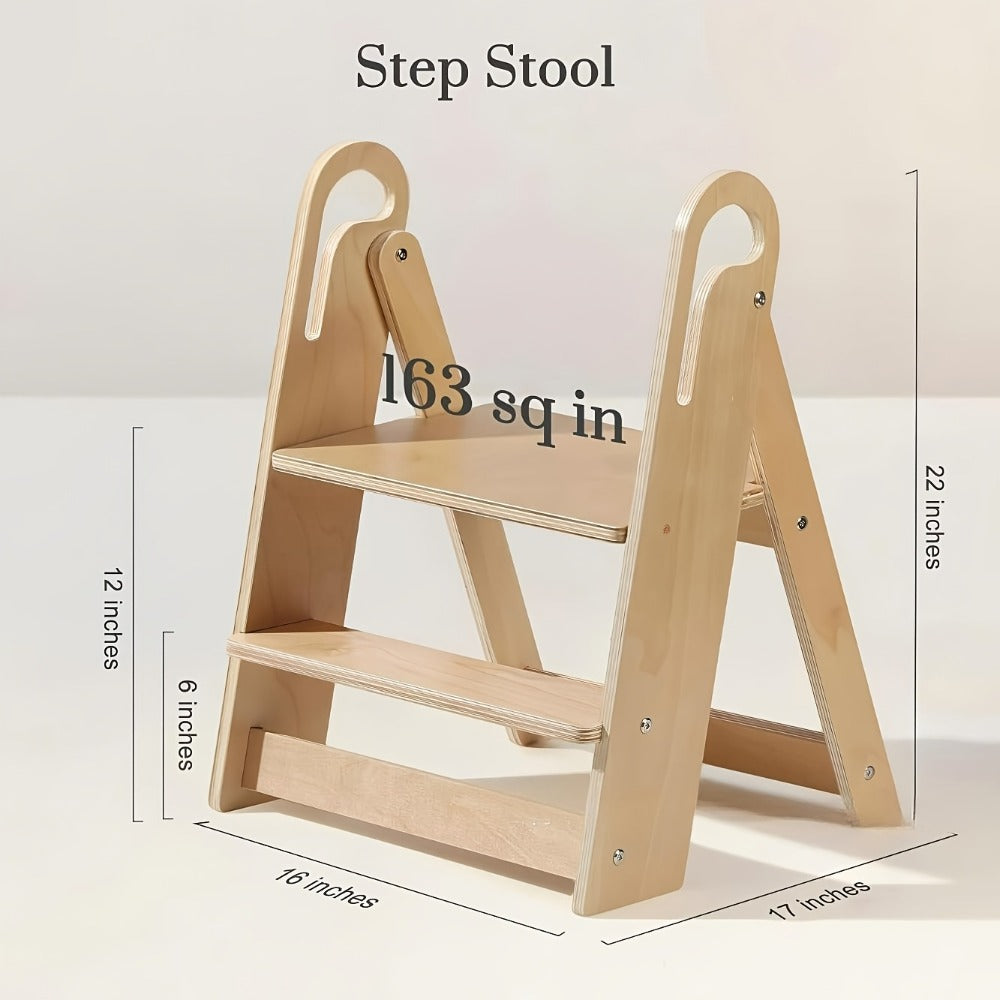 Natural Wood Two-Step Folding A-Frame Stool, 16 x 17 x 22 Inches with Carry Openings and Two Wide Steps