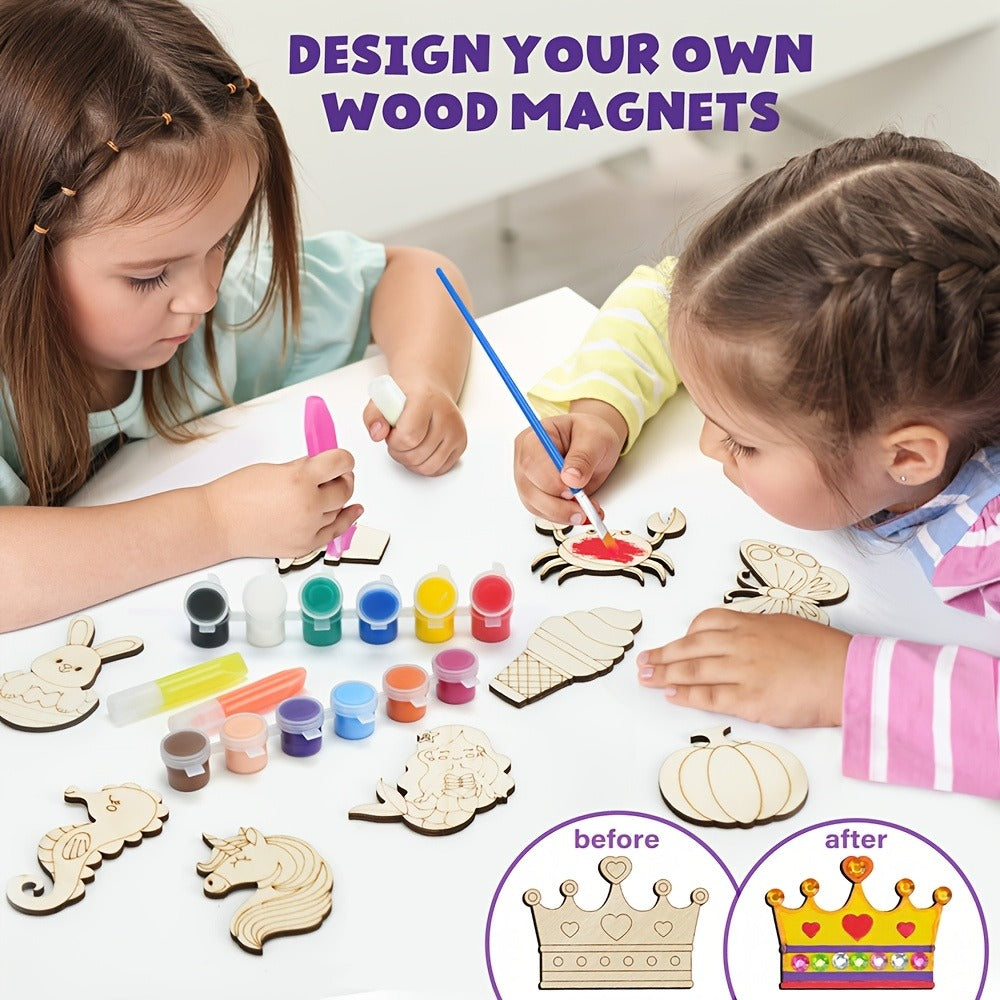Glow in the Dark Craft Kit for Kids, 30pcs DIY Wooden Fridge Magnets Painting Set with Gem Stickers