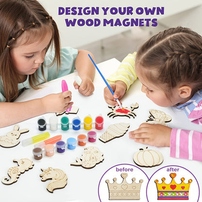 Glow in the Dark Craft Kit for Kids, 30pcs DIY Wooden Fridge Magnets Painting Set with Gem Stickers