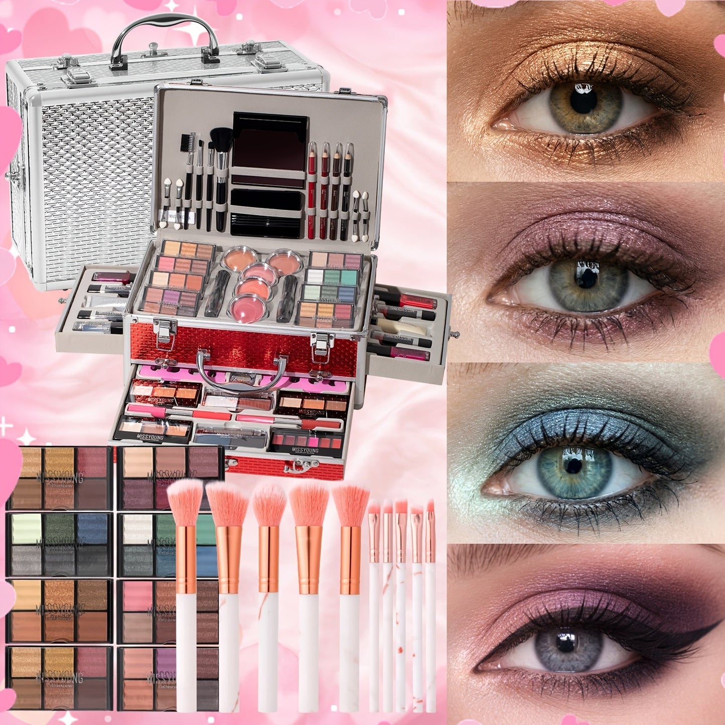 Makeup Kit in Handled Aluminum-Style Travel Case with Mirror, Tiered Trays and Silvery or Red Finish