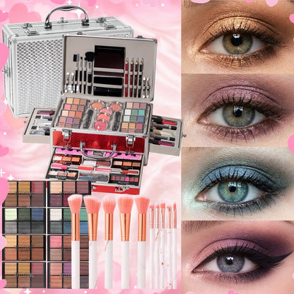 Makeup Kit in Handled Aluminum-Style Travel Case with Mirror, Tiered Trays and Silvery or Red Finish
