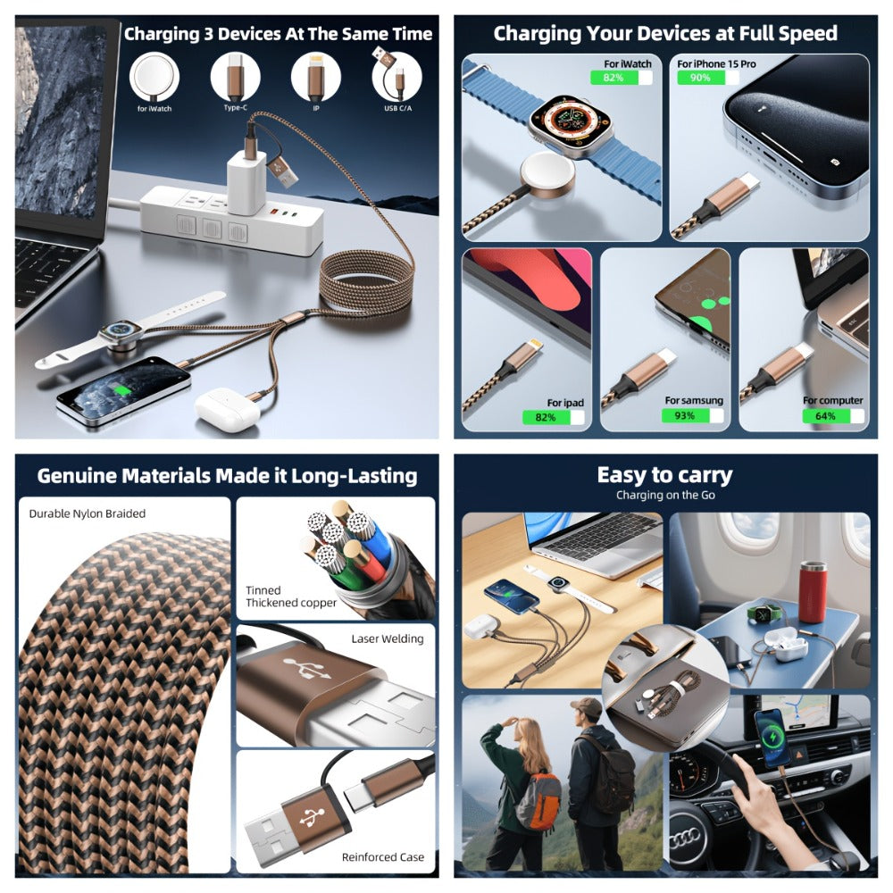 Braided Charging Cable with USB-A or USB-C Input, Three Output Paths and Five Color or Connector Options