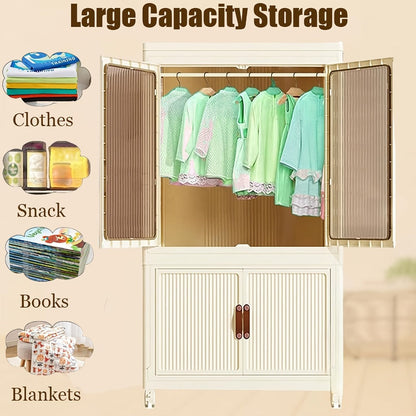 Portable Closet Wardrobe with Wheels & Hanging Rod, Foldable Clothes Cabinet with Doors, 10 Hangers