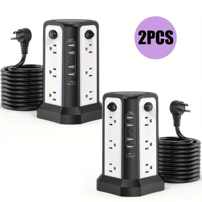 PD18W USB-C Power Strip Tower 21-in-1, 16 AC Outlets & 5 USB Ports, 1500J Surge Protector, Angled Flat Plug