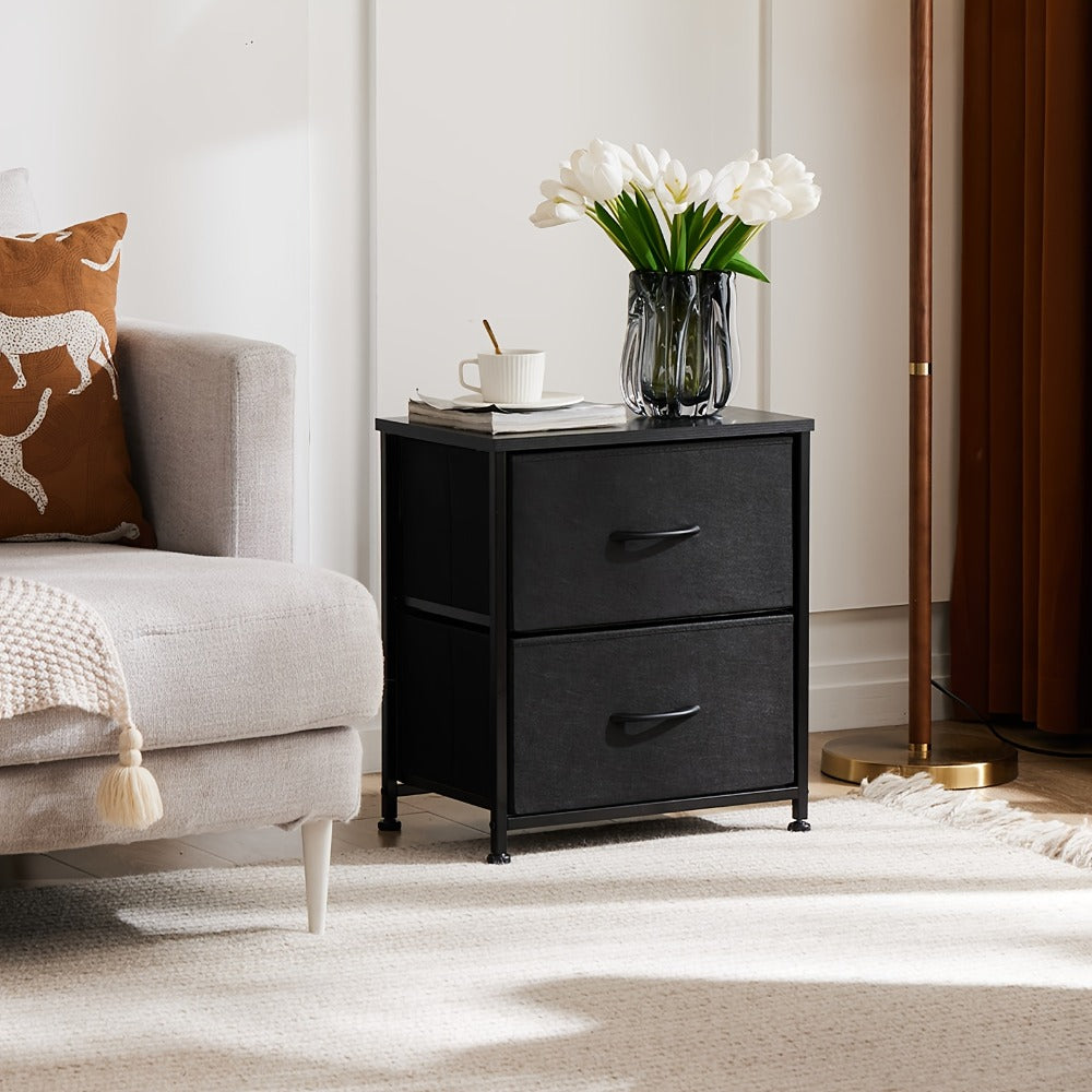 Nightstand with 2 Storage Drawers, 20" Bedside Table with Wooden Top & Fabric Cabinet, Steel Frame Mini Dresser for Bedroom