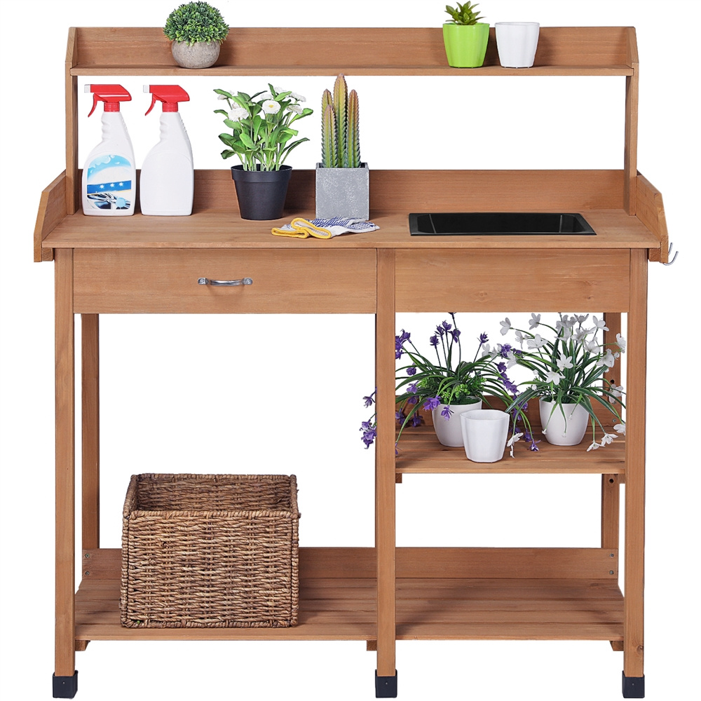 Garden Potting Table 4-Tier with Removable Sink, Adjustable Shelf, Drawer & Side Hooks, Outdoor Planter Stand for Yard Greenhouse in Wood
