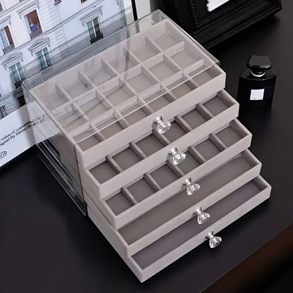 Jewelry Organizer 5-Tier 56-Grid Drawer Box in Gray or Beige for Rings, Earrings, Brooches and Hair Clips