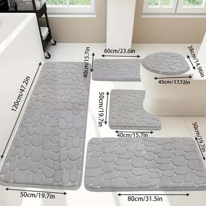 Memory Foam Bathroom Rug Set 5pcs – Non-Slip Absorbent Bath Mat Set for Sink Bathtub Shower Toilet, Machine Washable, Soft Plush Floor Mats