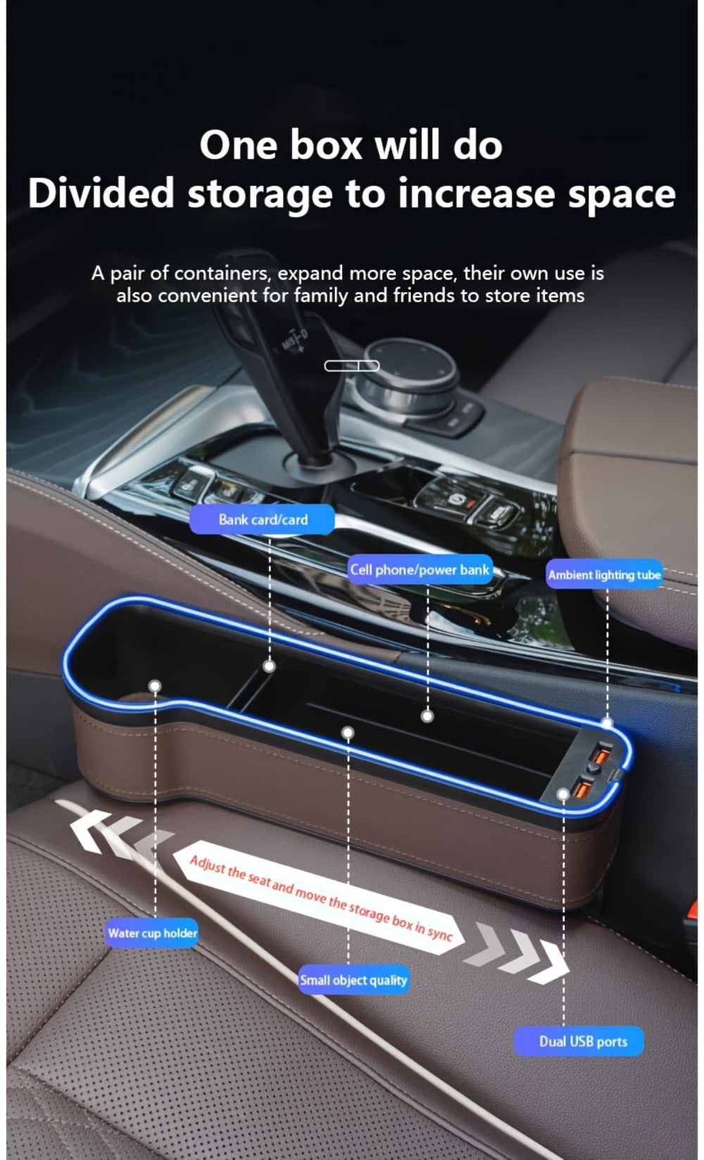 Black Lighted Seat-Gap Car Organizer with Phone Slot, USB Ports and Driver, Passenger or Pair Options