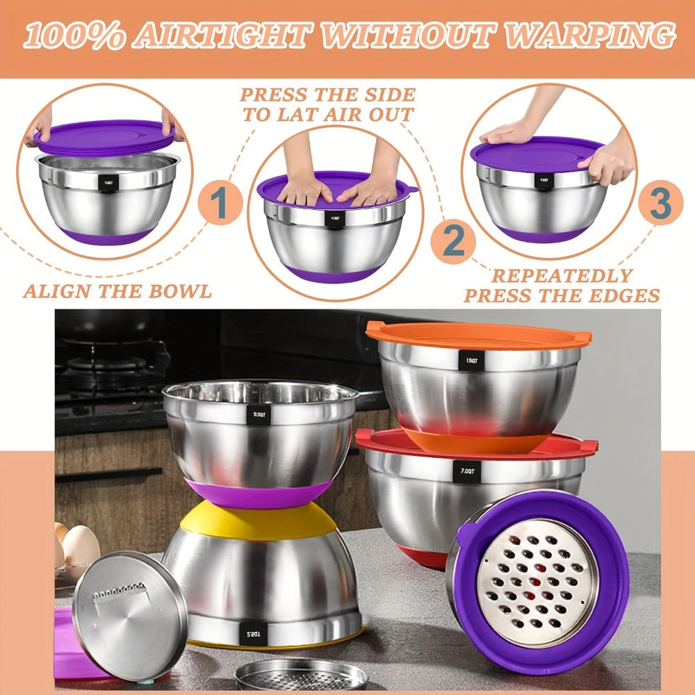 Mixing Bowls Set with Airtight Lids, 26pcs Stainless Steel Bowl Set with 3 Grater Attachments, Bottoms
