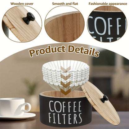 Wooden Coffee Filter Holder with Lid – Large Capacity Rustic Round Organizer Dispenser for Coffee Filters & Tea Bags, Bamboo Lid