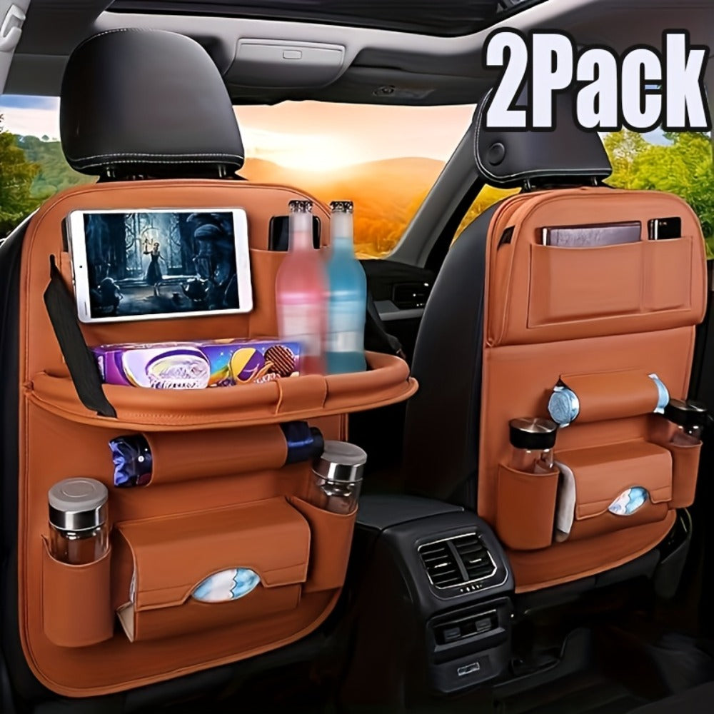 All-in-One Back Seat Organizer with Foldable Table Tray, Kick Mats, Cup Holder, Tissue Box, Umbrella Holder & Laptop Tray – 2-Piece Set