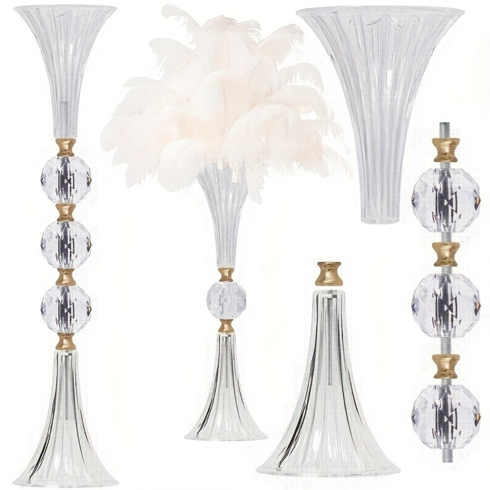 Tall Clear Acrylic Floor Vases, Two-Piece 24.8-Inch Ribbed Set with Gold-Tone Accents for Events