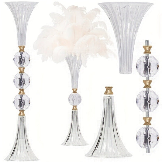Tall Clear Acrylic Floor Vases, Two-Piece 24.8-Inch Ribbed Set with Gold-Tone Accents for Events