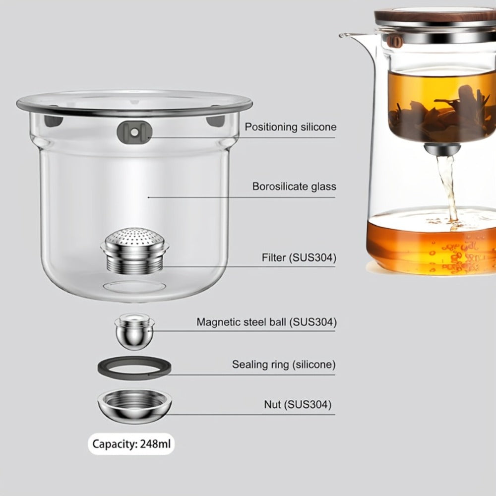 Glass Teapot with Infuser & Wooden Handle – Borosilicate Tea Kettle, One-Button Tea-Water Separation, Drip-Free Spout