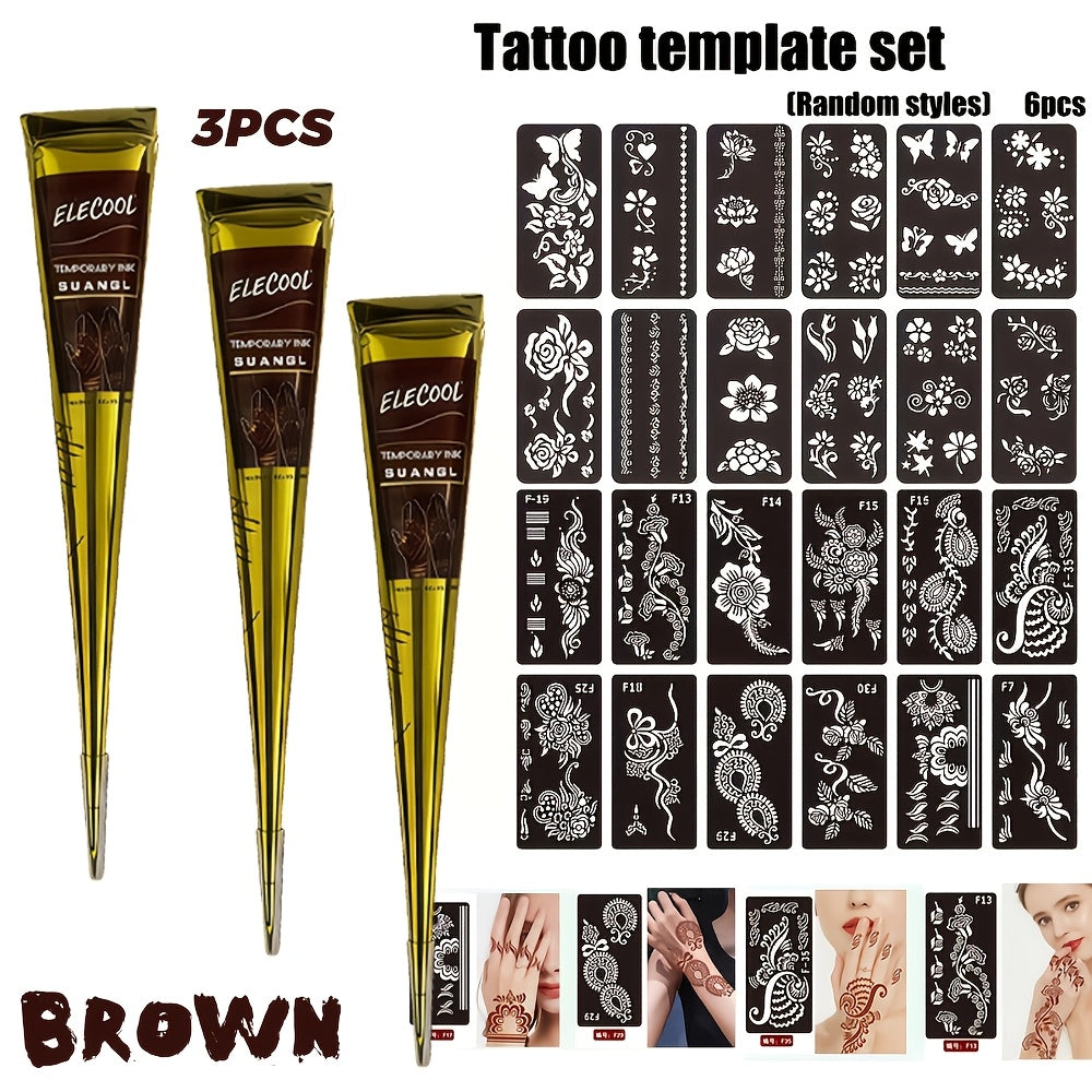 Temporary Semi-Permanent Tattoo Paste Kit - Body Art Gel in Brown & Black with Tattoo Templates