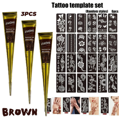 Temporary Semi-Permanent Tattoo Paste Kit - Body Art Gel in Brown & Black with Tattoo Templates