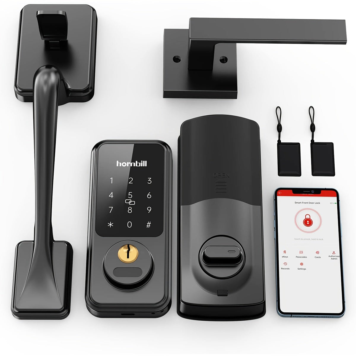 Smart Door Lock Hornbill Keypad Deadbolt and Handle Set with Bluetooth App Keyfob and Alexa Control