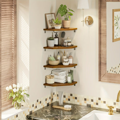 Corner Wall Shelf Set with 13.9-Inch Front Edge, Brown, Black or White Finish and 2, 4 or 6 Pieces