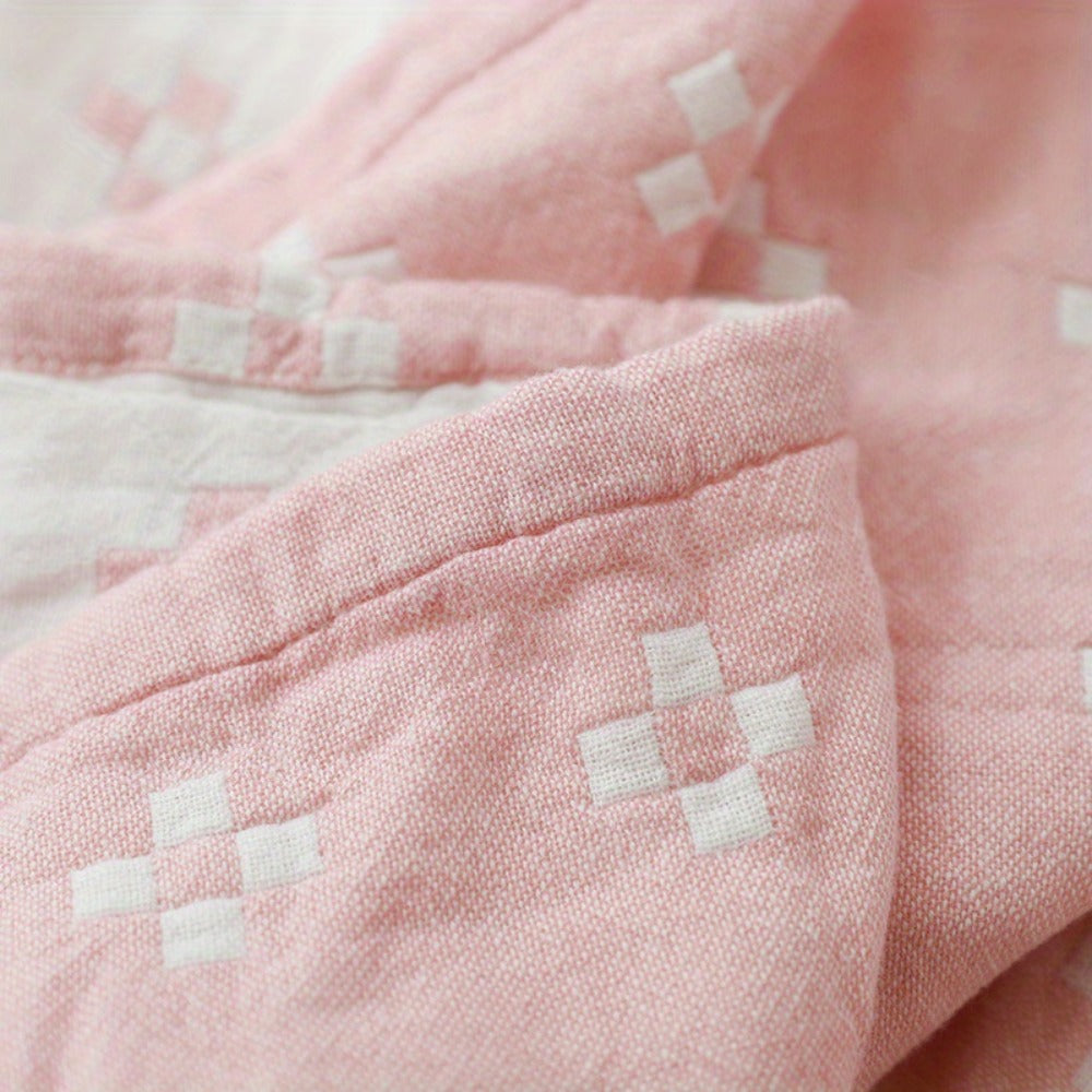 Jacquard Cotton Blanket, Geometric Cross Pattern Pure Cotton Throw, Breathable All Season, 4 Colors