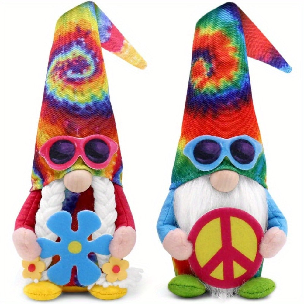 Hippie Gnomes Decorations 2 Pack – Groovy Tie Dye Tomte Figurines with Peace Sign & Fashion Glasses, 13.5" Swedish Gnome Shelf Sitters