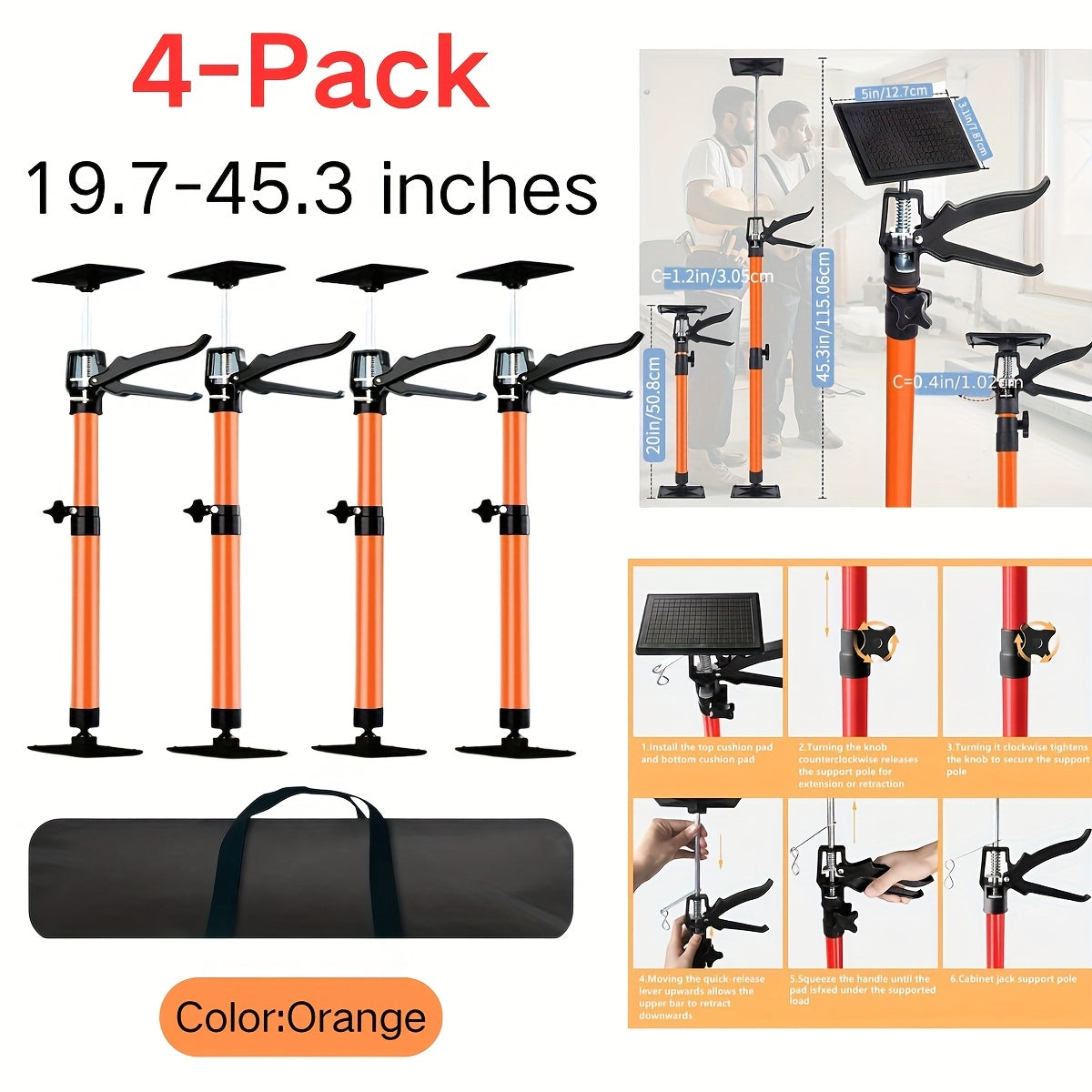 Adjustable Steel Support Rods for Drywall & Cabinet Installation, Extendable Construction Support Poles 19.7"-45.3" / 45"-114"