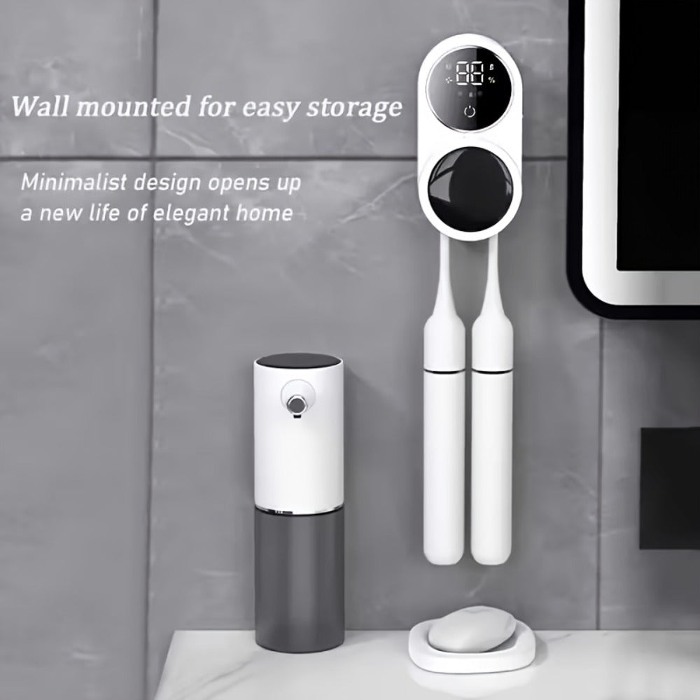 Enclosed Two-Slot Wall-Mounted Toothbrush Holder with Sensor Door, Display and USB Charging Cable