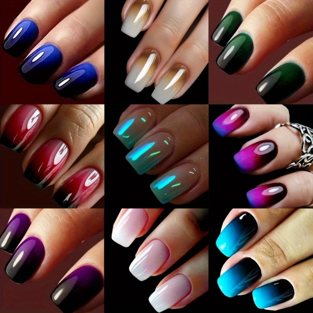 Press On Nails 216-Piece Short Square Nine-Pack Colorful Gradient Ombre Set with Tabs and Nail File