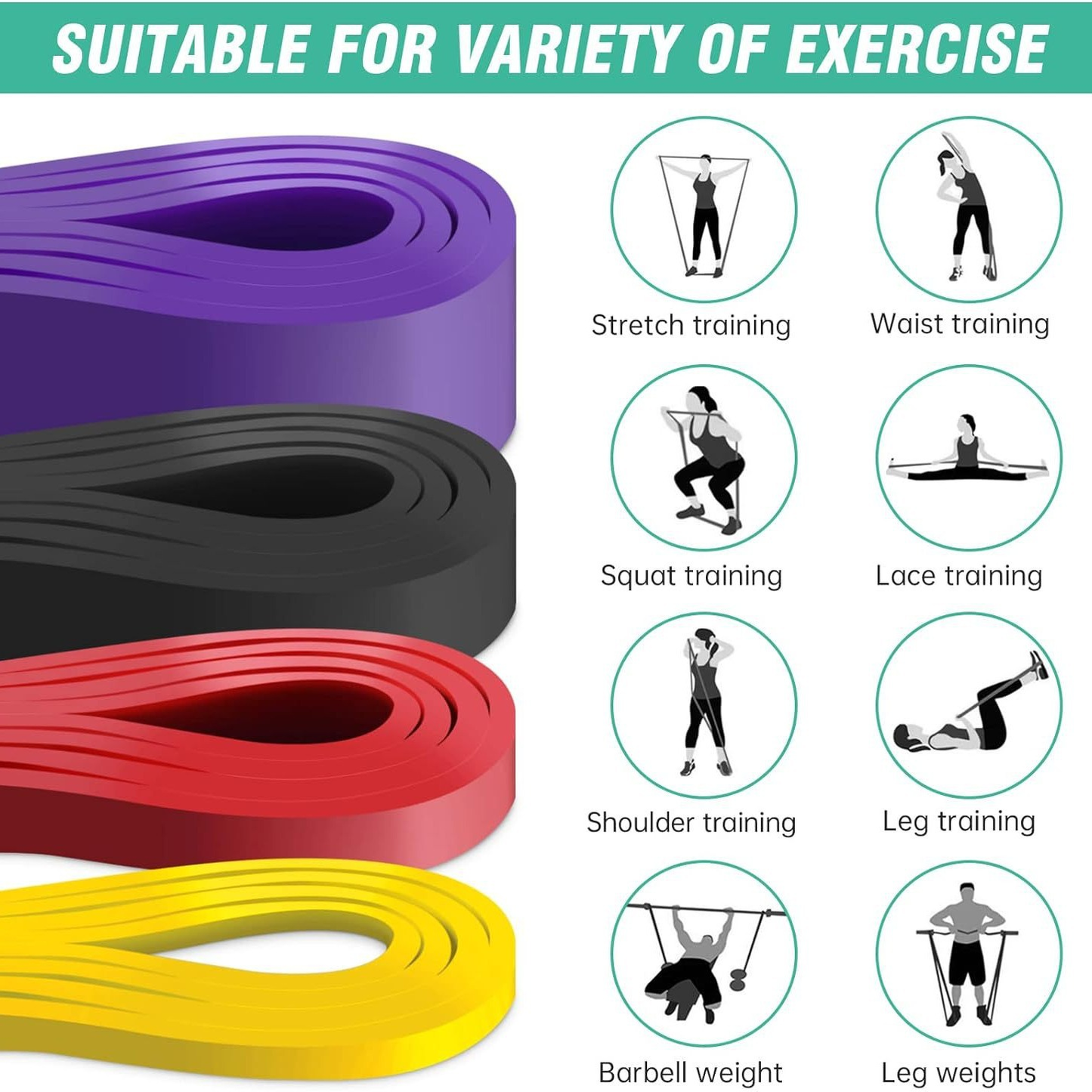 Four-Piece Mixed-Color Long Loop Resistance Band Set with Drawstring Bag and Pictured 5-125 lb Labels