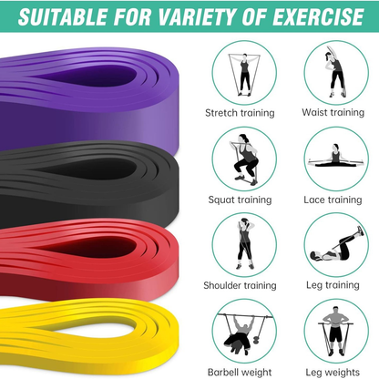 Four-Piece Mixed-Color Long Loop Resistance Band Set with Drawstring Bag and Pictured 5-125 lb Labels