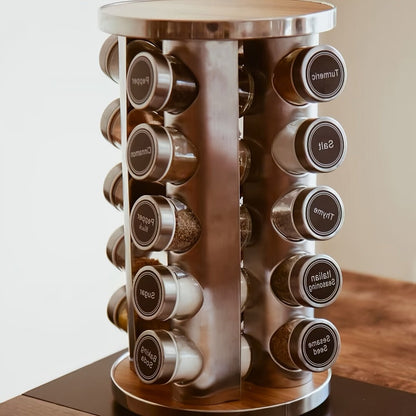 Rotating Spice Rack with 20 Glass Jars 360-Degree Revolving Stainless Steel Spice Tower for Home Cooking, Dining and Outdoor Meals