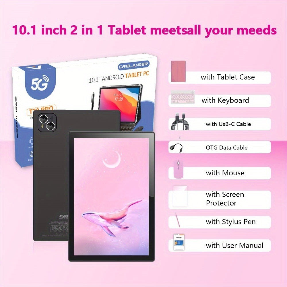 Pink 2-in-1 Android Tablet 10.1 Inch 6GB RAM 128GB ROM 5G WiFi with Keyboard Mouse Case Stylus for an Everyday Personal Care Routine