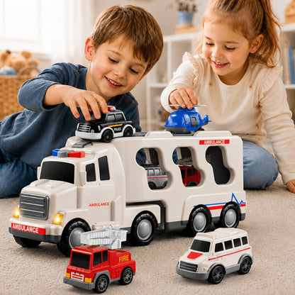 Ambulance Carrier Truck Toy Set 5-in-1 with Light & Sound for Kids Ages 3-8 with the Listed Color, Size or Set Options for Everyday Use